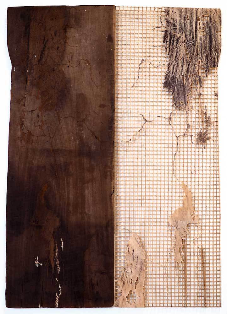 離れ行く島々 No. 2 Parting Islands No. 2 2019 Reclaimed wood, bamboo, rattan, metal, cowhide 199.5 × 141.5 × 4.0 cm ©️Sopheap Pich