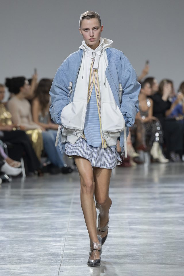 A model wearing an original creation from the womenswear spring summer 2025 ready to wear collections in Paris from the house of Rabanne