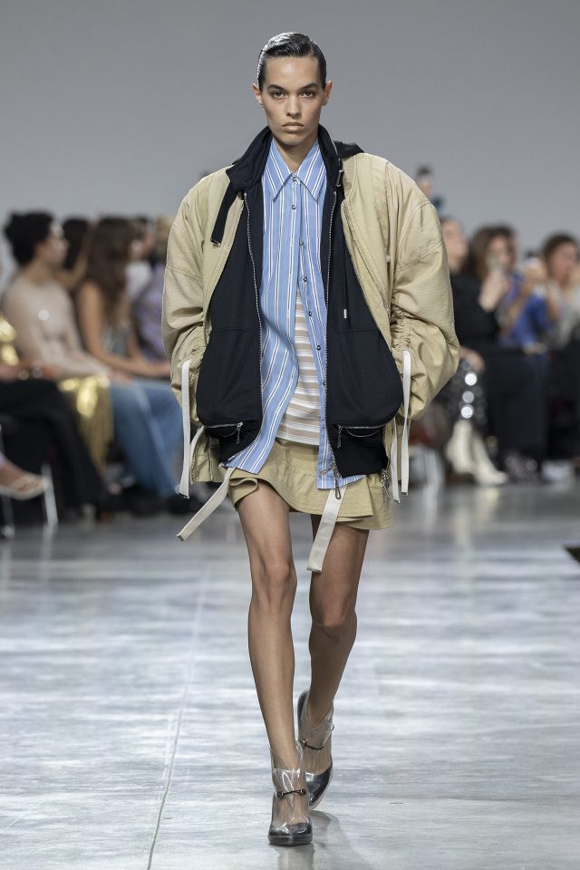 A model wearing an original creation from the womenswear spring summer 2025 ready to wear collections in Paris from the house of Rabanne