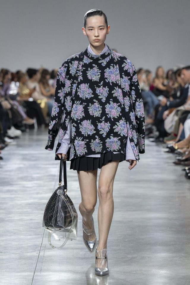 A model wearing an original creation from the womenswear spring summer 2025 ready to wear collections in Paris from the house of Rabanne