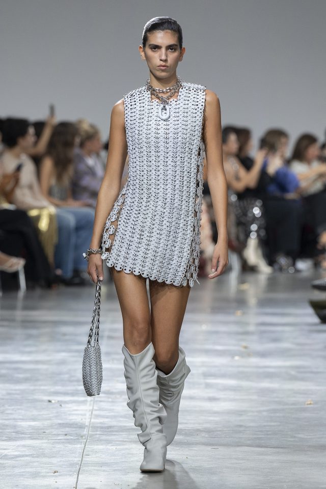 A model wearing an original creation from the womenswear spring summer 2025 ready to wear collections in Paris from the house of Rabanne