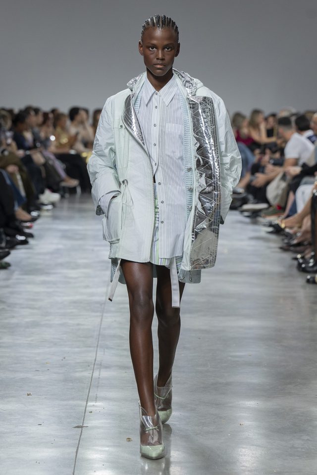 A model wearing an original creation from the womenswear spring summer 2025 ready to wear collections in Paris from the house of Rabanne