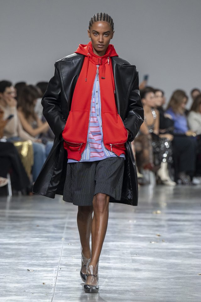 A model wearing an original creation from the womenswear spring summer 2025 ready to wear collections in Paris from the house of Rabanne